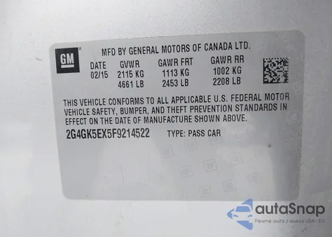 2015 Buick Regal Turbo из США, поврежденный, VIN 2G4GK5EX5F9214522